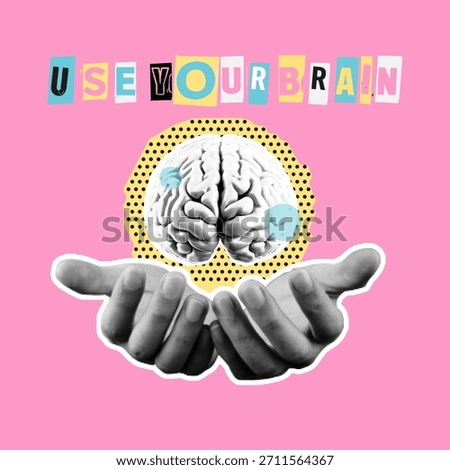 Pop art collage of human brain held by hands with playful cutout letters and halftone elements on pink background, symbolizing creativity, intelligence and mental power.