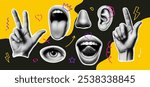 Pop art collage human face hands. Pop art collage halftone effect vibrant yellow modern mouth eye nose design