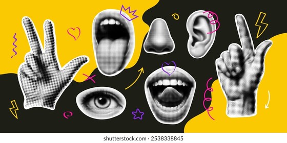 Pop art collage human face hands. Pop art collage halftone effect vibrant yellow modern mouth eye nose design