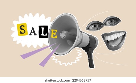 Pop art collage with megaphone. Loudspeaker announcing crazy promotions. Retro composition. Y2K, 80s, 90s style. Psychedelic, surreal art. Discounts vector grunge banner