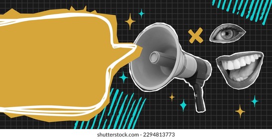 Pop art collage with megaphone. Loudspeaker announcing crazy promotions. Retro composition. Y2K, 80s, 90s style. Psychedelic, surreal art. Discounts vector grunge banner