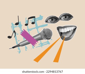 Pop art collage with microphone and grunge singer. Retro composition. Club party poster, podcast, karaoke, magazine. Y2K, 80s, 90s style. Psychedelic, surreal art. Lips and eyes in parted