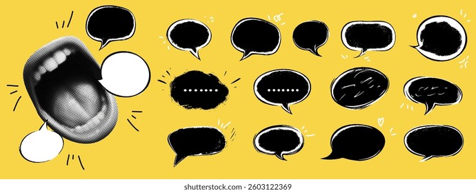 Pop art collage of a mouth screaming in a speech bubble. Hand-drawn vector illustration with grunge, charcoal, and ink textures. Comic-style dialogue and message icons.