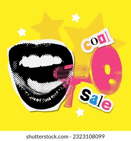 Pop art collage with open mouth and megaphone. Loudspeaker announcing crazy promotions. Cool Retro composition. Y2K, 80s, 90s style. Psychedelic surreal mixed media art. Sale, Discounts vector banner