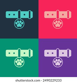 Pop art Collar with name tag icon isolated on color background. Supplies for domestic animal. Dog or cat paw print. Cat and dog care. Pet chains.  Vector