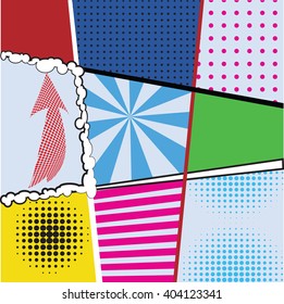 Pop art collection sets of nine bright backgrounds for design projects, packaging, tableware, signage, postcards. Comics pop-art style template with dots, lines, signs elements, vector illustration