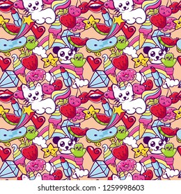 Pop art collection with unicorns, rainbows, diamonds etc. Seamless pattern. Vector illustration.