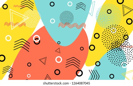 Pop art color background. Memphis pattern of geometric shapes for tissue and postcards. Vector Illustration. Hipster style 80s-90s. Abstract colorful funky background.