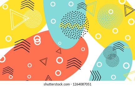 Pop art color background. Memphis pattern of geometric shapes for tissue and postcards. Vector Illustration. Hipster style 80s-90s. Abstract colorful funky background.