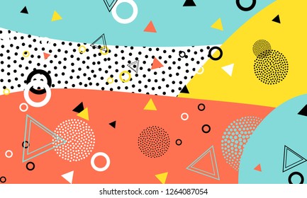 Pop art color background. Memphis pattern of geometric shapes for tissue and postcards. Vector Illustration. Hipster style 80s-90s. Abstract colorful funky background.