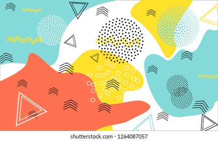 Pop art color background. Memphis pattern of geometric shapes for tissue and postcards. Vector Illustration. Hipster style 80s-90s. Abstract colorful funky background.