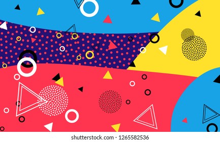 Pop art color background. Memphis pattern of geometric shapes for tissue and postcards. Vector Illustration. Hipster style 80s-90s. Abstract colorful funky background.