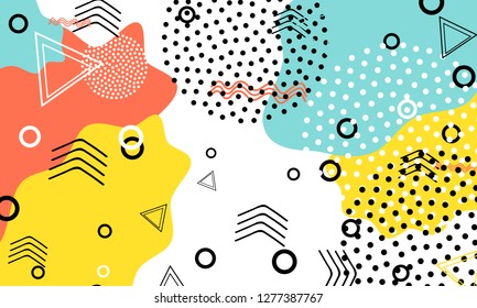 Pop art color background. Memphis pattern of geometric shapes for tissue and postcards. Vector Illustration. Hipster style 80s-90s. Abstract colorful funky background.