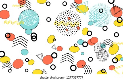 Pop art color background. Memphis pattern of geometric shapes for tissue and postcards. Vector Illustration. Hipster style 80s-90s. Abstract colorful funky background.