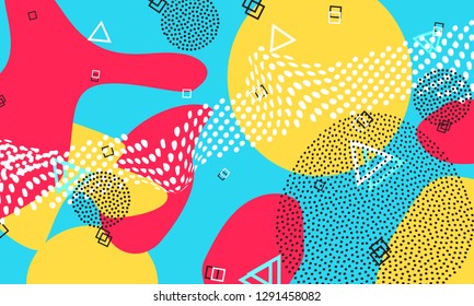 Pop art color background. Memphis pattern of geometric shapes for tissue and postcards. Vector Illustration. Hipster style 80s-90s. Abstract colorful funky background.