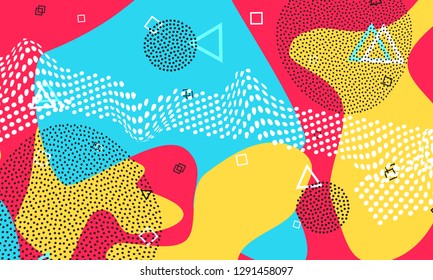 Pop art color background. Memphis pattern of geometric shapes for tissue and postcards. Vector Illustration. Hipster style 80s-90s. Abstract colorful funky background.