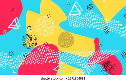 Pop art color background. Memphis pattern of geometric shapes for tissue and postcards. Vector Illustration. Hipster style 80s-90s. Abstract colorful funky background.