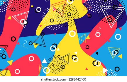 Pop art color background. Memphis pattern of geometric shapes for tissue and postcards. Vector Illustration. Hipster style 80s-90s. Abstract colorful funky background.