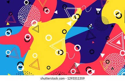 Pop art color background. Memphis pattern of geometric shapes for tissue and postcards. Vector Illustration. Hipster style 80s-90s. Abstract colorful funky background.