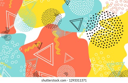 Pop art color background. Memphis pattern of geometric shapes for tissue and postcards. Vector Illustration. Hipster style 80s-90s. Abstract colorful funky background.
