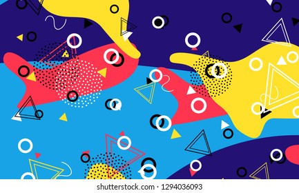Pop art color background. Memphis pattern of geometric shapes for tissue and postcards. Vector Illustration. Hipster style 80s-90s. Abstract colorful funky background.