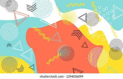 Pop art color background. Memphis pattern of geometric shapes for tissue and postcards. Vector Illustration. Hipster style 80s-90s. Abstract colorful funky background.