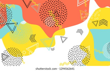 Pop art color background. Memphis pattern of geometric shapes for tissue and postcards. Vector Illustration. Hipster style 80s-90s. Abstract colorful funky background.