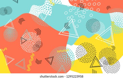 Pop art color background. Memphis pattern of geometric shapes for tissue and postcards. Vector Illustration. Hipster style 80s-90s. Abstract colorful funky background.