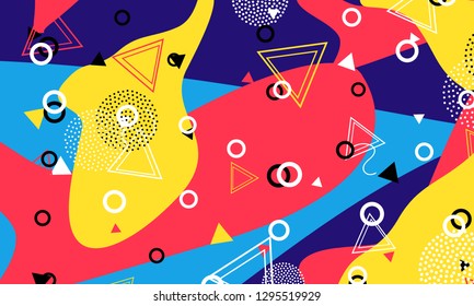 Pop art color background. Memphis pattern of geometric shapes for tissue and postcards. Vector Illustration. Hipster style 80s-90s. Abstract colorful funky background.