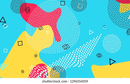 Pop art color background. Memphis pattern of geometric shapes for tissue and postcards. Vector Illustration. Hipster style 80s-90s. Abstract colorful funky background.