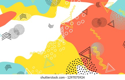 Pop art color background. Memphis pattern of geometric shapes for tissue and postcards. Vector Illustration. Hipster style 80s-90s. Abstract colorful funky background.