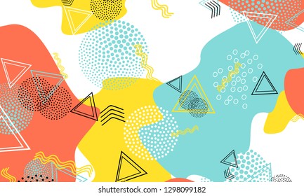 Pop art color background. Memphis pattern of geometric shapes for tissue and postcards. Vector Illustration. Hipster style 80s-90s. Abstract colorful funky background.