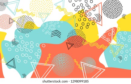 Pop art color background. Memphis pattern of geometric shapes for tissue and postcards. Vector Illustration. Hipster style 80s-90s. Abstract colorful funky background.