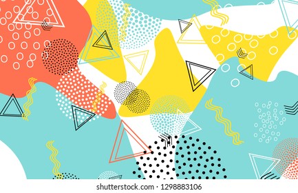 Pop art color background. Memphis pattern of geometric shapes for tissue and postcards. Vector Illustration. Hipster style 80s-90s. Abstract colorful funky background.