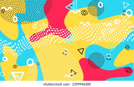 Pop art color background. Memphis pattern of geometric shapes for tissue and postcards. Vector Illustration. Hipster style 80s-90s. Abstract colorful funky background.