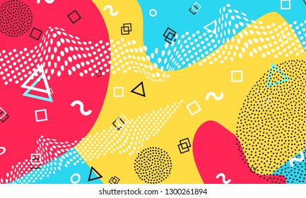 Pop art color background. Memphis pattern of geometric shapes for tissue and postcards. Vector Illustration. Hipster style 80s-90s. Abstract colorful funky background.