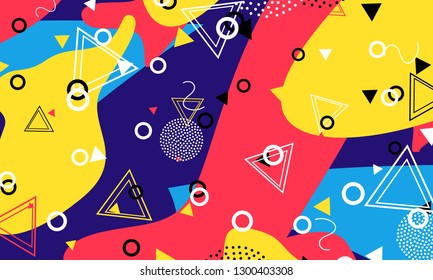 Pop art color background. Memphis pattern of geometric shapes for tissue and postcards. Vector Illustration. Hipster style 80s-90s. Abstract colorful funky background.