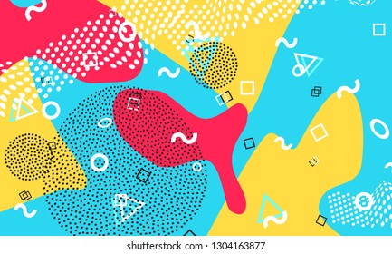 Pop art color background. Memphis pattern of geometric shapes for tissue and postcards. Vector Illustration. Hipster style 80s-90s. Abstract colorful funky background.