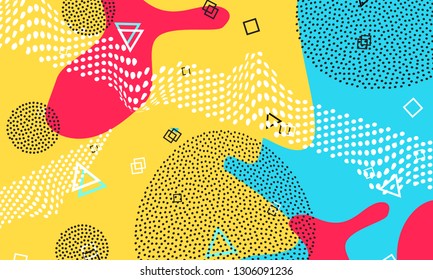 Pop art color background. Memphis pattern of geometric shapes for tissue and postcards. Vector Illustration. Hipster style 80s-90s. Abstract colorful funky background.