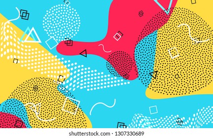 Pop art color background. Memphis pattern of geometric shapes for tissue and postcards. Vector Illustration. Hipster style 80s-90s. Abstract colorful funky background.