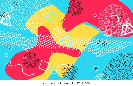 Pop art color background. Memphis pattern of geometric shapes for tissue and postcards. Vector Illustration. Hipster style 80s-90s. Abstract colorful funky background.