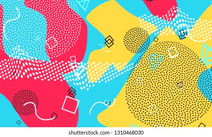 Pop art color background. Memphis pattern of geometric shapes for tissue and postcards. Vector Illustration. Hipster style 80s-90s. Abstract colorful funky background.