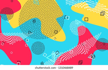 Pop art color background. Memphis pattern of geometric shapes for tissue and postcards. Vector Illustration. Hipster style 80s-90s. Abstract colorful funky background.