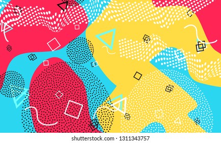 Pop art color background. Memphis pattern of geometric shapes for tissue and postcards. Vector Illustration. Hipster style 80s-90s. Abstract colorful funky background.