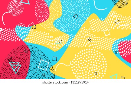 Pop art color background. Memphis pattern of geometric shapes for tissue and postcards. Vector Illustration. Hipster style 80s-90s. Abstract colorful funky background.