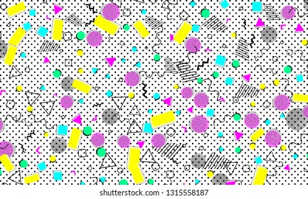 Pop art color background. Memphis pattern of geometric shapes for tissue and postcards. Vector Illustration. Hipster style 80s-90s. Abstract colorful funky background.