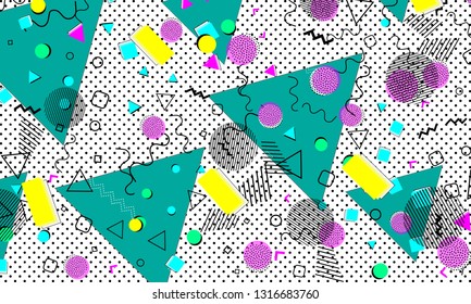 Pop art color background. Memphis pattern of geometric shapes for tissue and postcards. Vector Illustration. Hipster style 80s-90s. Abstract colorful funky background.