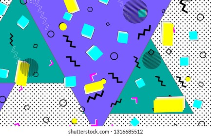 Pop art color background. Memphis pattern of geometric shapes for tissue and postcards. Vector Illustration. Hipster style 80s-90s. Abstract colorful funky background.