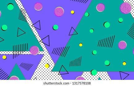 Pop art color background. Memphis pattern of geometric shapes for tissue and postcards. Vector Illustration. Hipster style 80s-90s. Abstract colorful funky background.