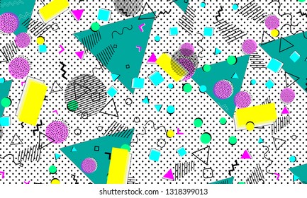 Pop art color background. Memphis pattern of geometric shapes for tissue and postcards. Vector Illustration. Hipster style 80s-90s. Abstract colorful funky background.